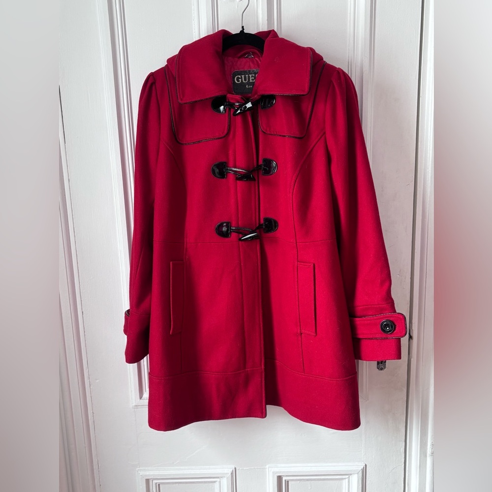 Women’s Guess Red Wool Blend Hooded Duffle Coat Black Toggle/Zip Closure medium
